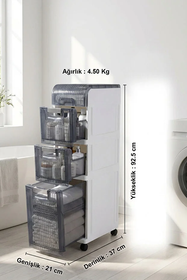 Tekerlekli 3 Çekmeceli Dekoratif Dolap Beyaz, 20 cm × 37.5 cm × 92.5 cm